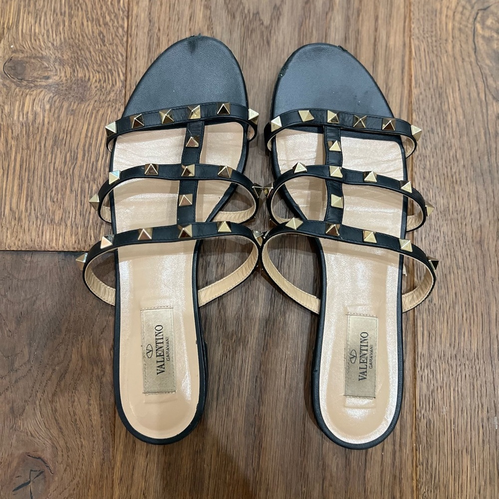 Valentino Black And Gold Rockstud Slides